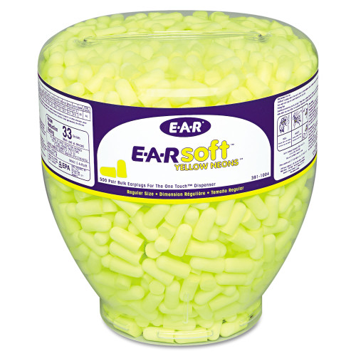 3M E-A-Rsoft Neon Tapered Earplug Refill， Cordless， Yellow， 500/Box (3911004)