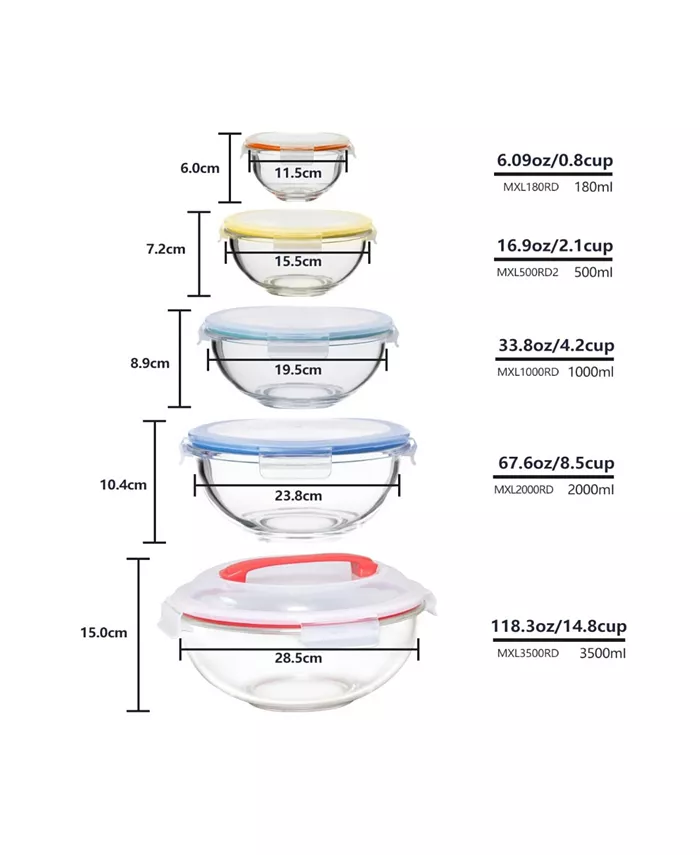 Genicook 5 Pc Container Nesting Borosilicate Glass Mixing Bowl Set with Locking Lids and Carry Handle