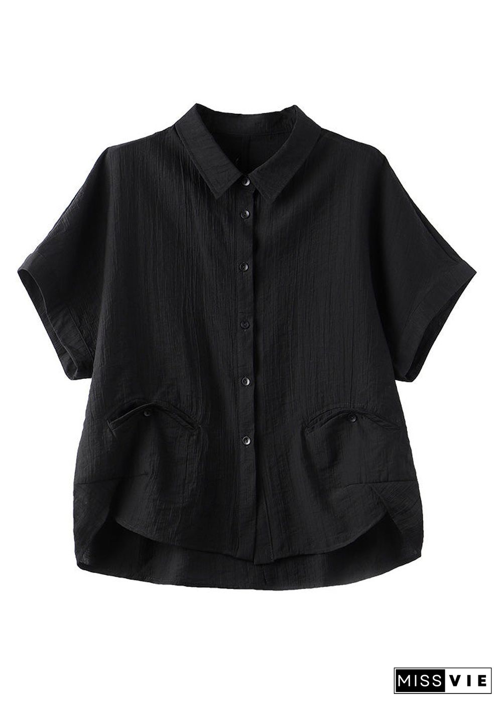 Black Low High Design Button Solid Silk Shirt Summer