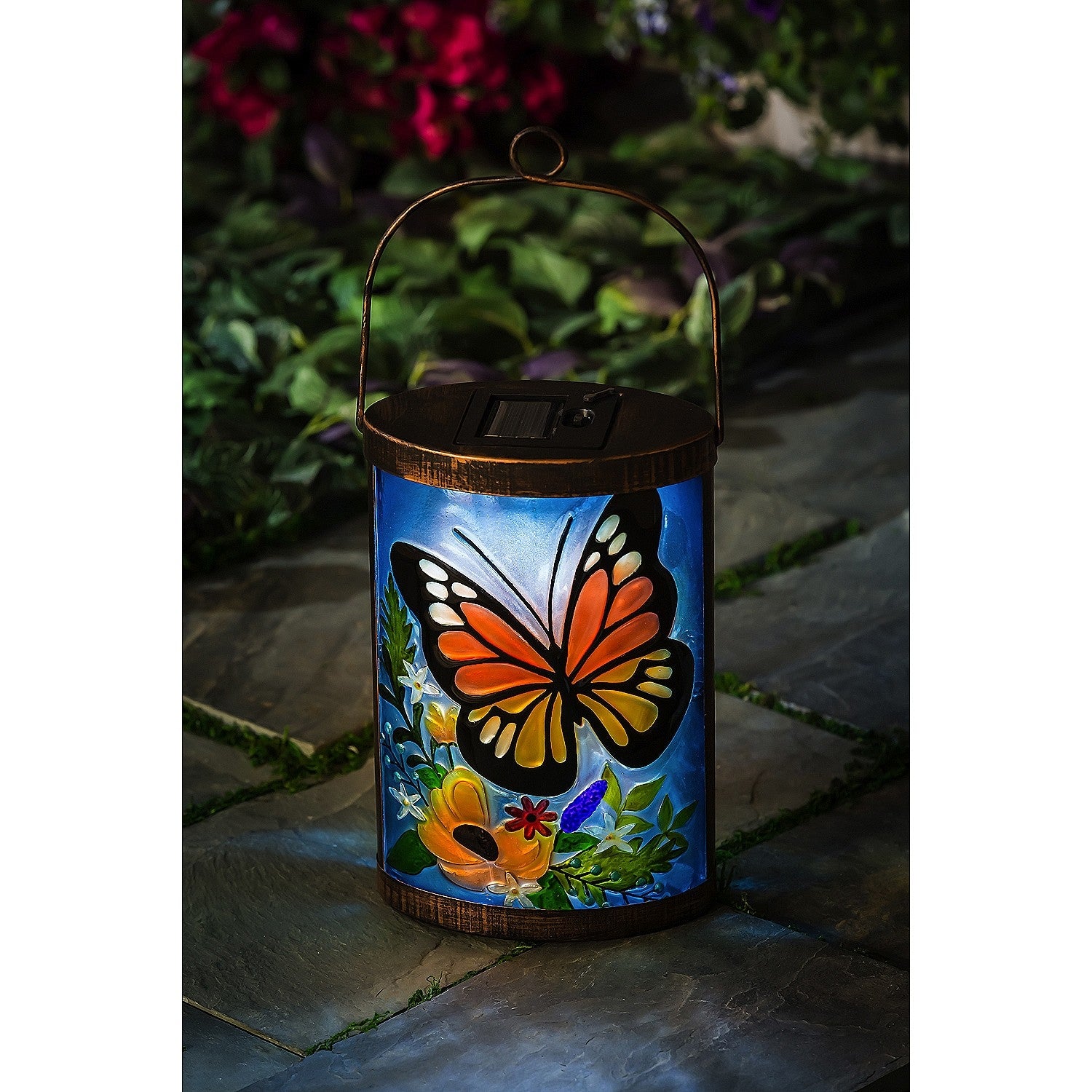 Evergreen Handpainted Solar Glass Lantern， Florals and Monarch Butterfly， 3.7'' x 5.9'' x 9.5'' inches.