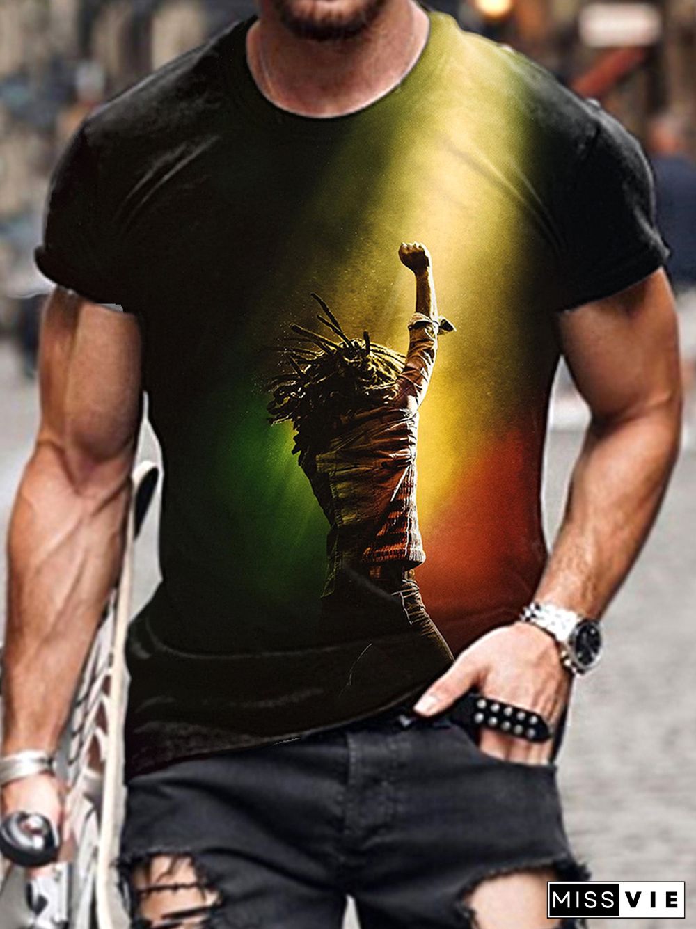 Reggae Print Casual Cozy Short Sleeve T-Shirt