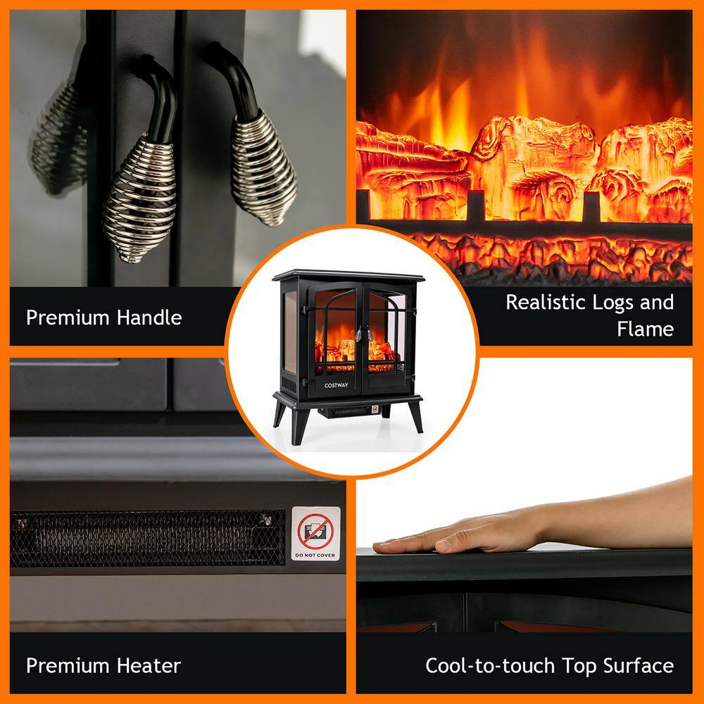 Costway 25 in. Freestanding Iron Electric Fireplace Heater Stove with Realistic Flame effect 1400-Watt in Black FP10059US-BK