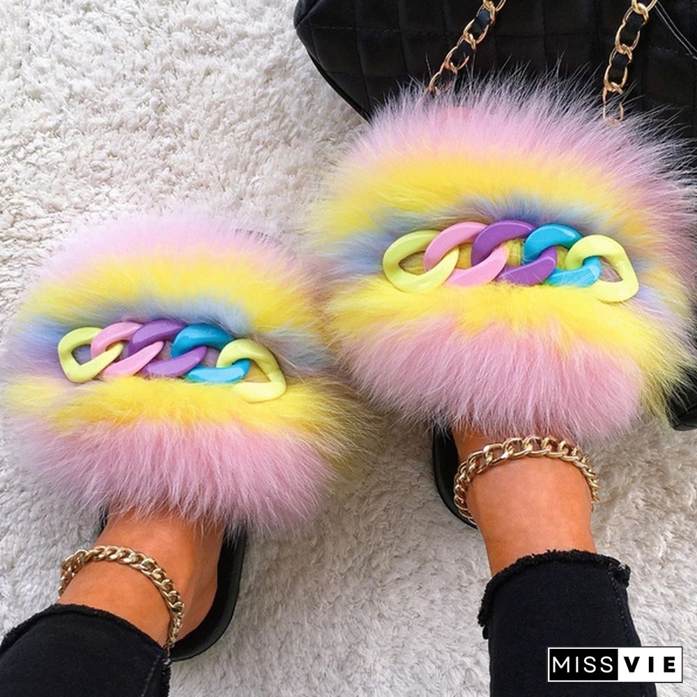 New Fashion Real Fox Fur Slippers For Women Fur Slides Summer Beach Fluffy Chain Fur Sandals Home Furry Flip Flop Plush Shoes Multicolor