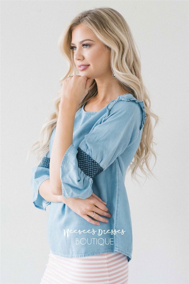 Light Blue Chambray Bell Sleeve Top