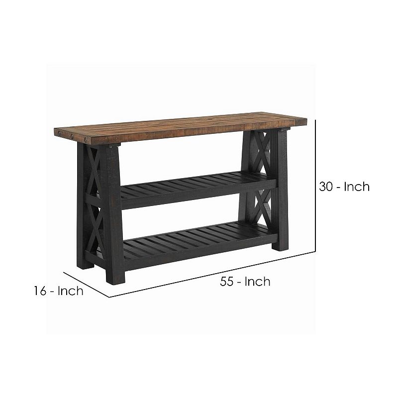 Sofa Table with 2 Slatted Shelves and X Legs， Brown and Black