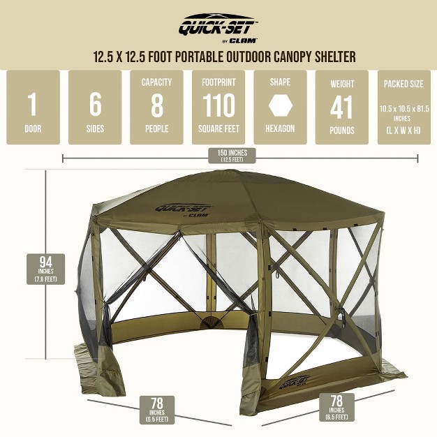 Clam Quick set Pavilion Camper Foot Portable Pop up Camping Outdoor Gazebo Screen Tent 6 Sided Canopy Shelter With Stakes And Bag