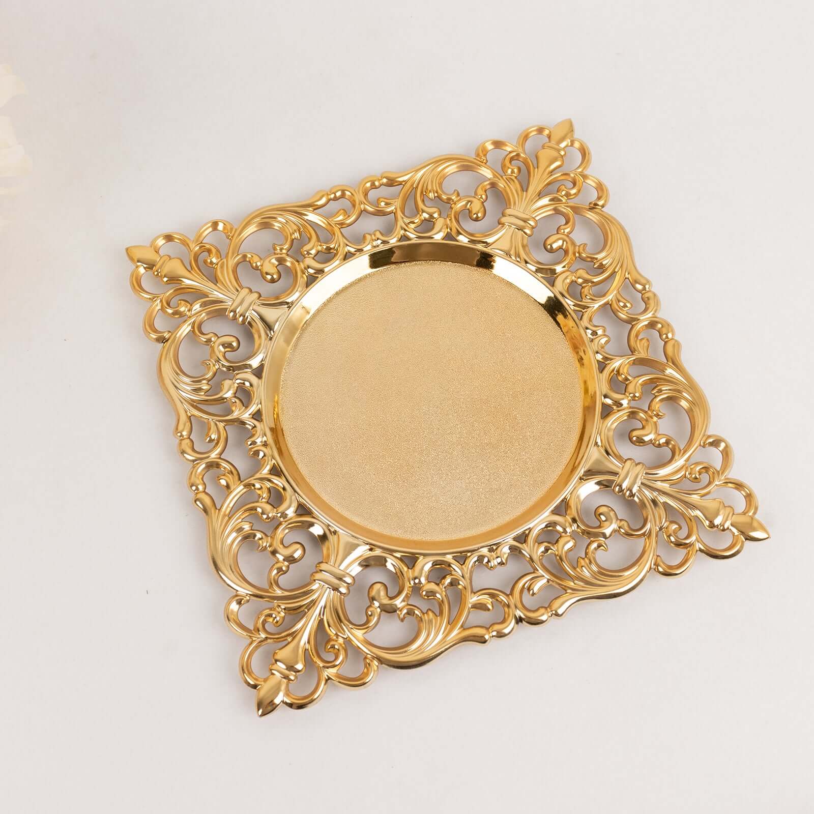 6 Pack Gold Square Acrylic Charger Plates with Hollow Lace Border, Dinner Chargers Event Tabletop Decor - 12