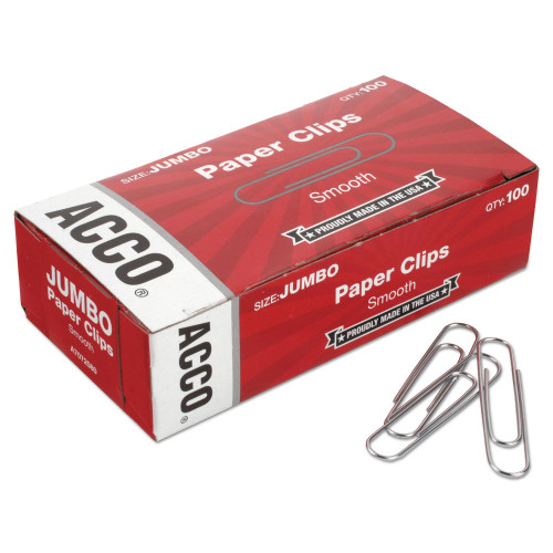 Acco Paper Clips， Jumbo， Smooth， Silver， 100 Clips/Box， 10 Boxes/Pack (72580)