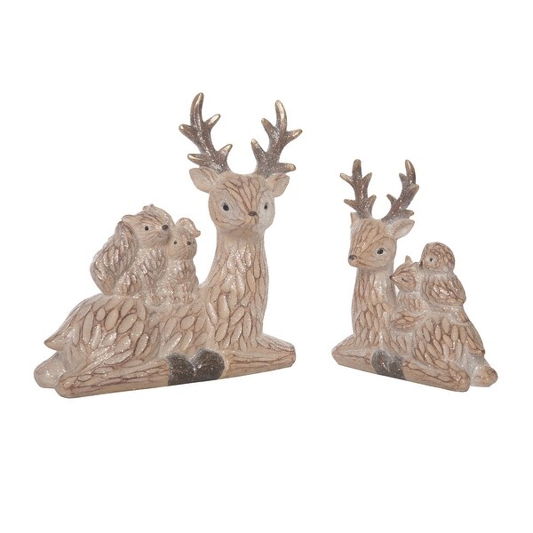 Transpac Resin 11 in. Brown Christmas Laying Woodland Texture Deer Figurine Set of 2