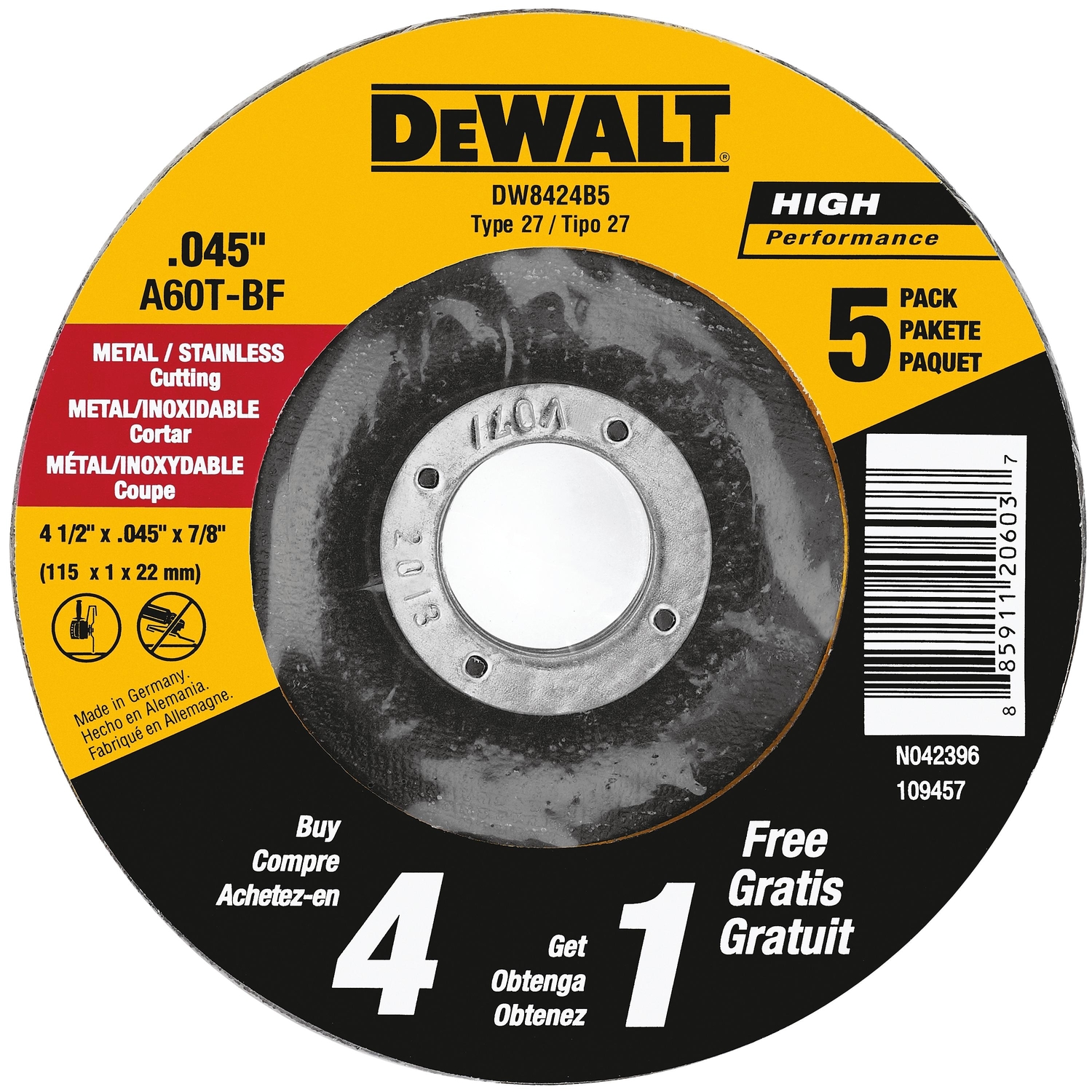 DW 4-1/2 in. D X 7/8 in. Aluminum Oxide Cut-Off Wheel 5 pc