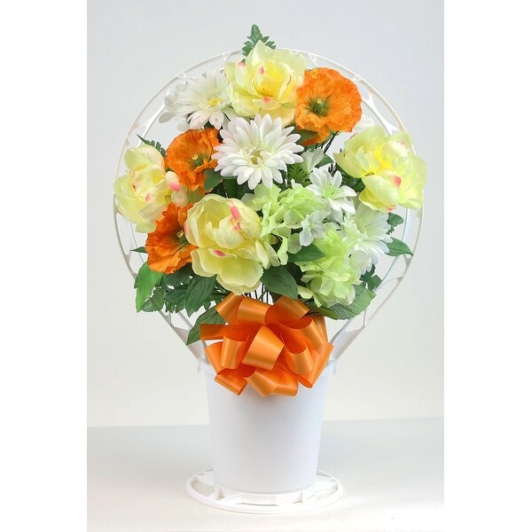 Memorial Peony Mix Arrangement in Large，White Cemetery Hoop Basket with Handle