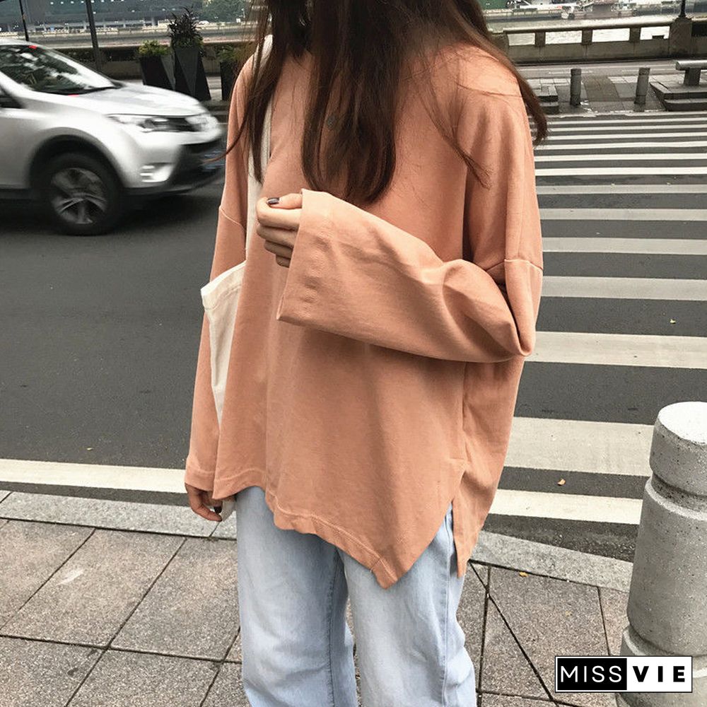 T-Shirts Long Sleeve Solid Tees O-Neck Slit Side Popular 2Xl Loose Lazy Daily All-Match Kpop Womens Ulzzang Ins Hipster Basic