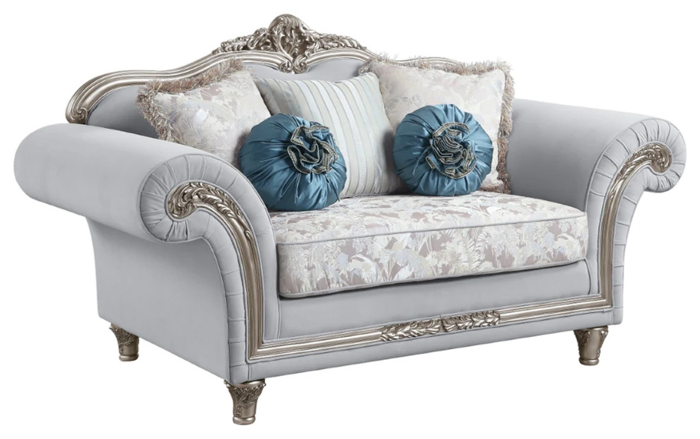 Benzara BM276225 76 quotLoveseat  Crown Top Backrest  Pillow  Gray  Silver   Victorian   Loveseats   by Uber Bazaar  Houzz