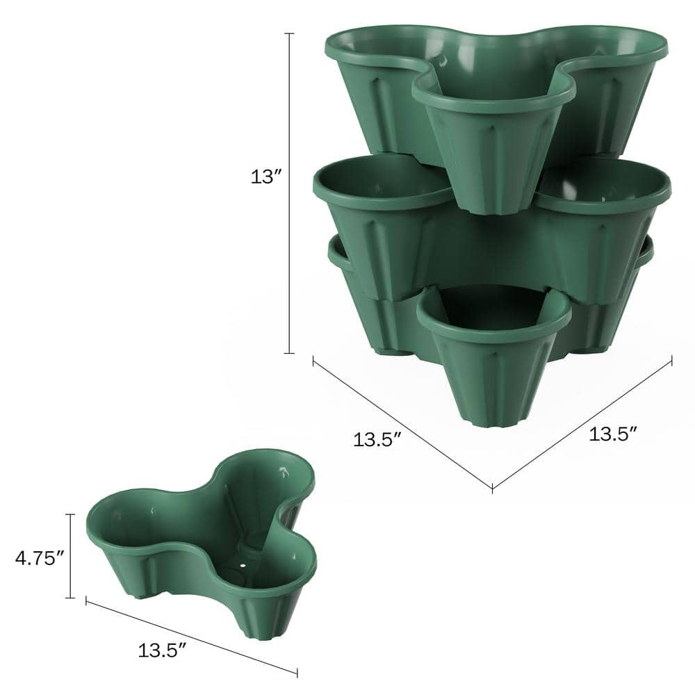 Hunter Green Plastic Stacking Planter Tower - 3-Tier Space Saving Flow Pots for Indoor/Outdoor Use (Set of 3) 956888VYO