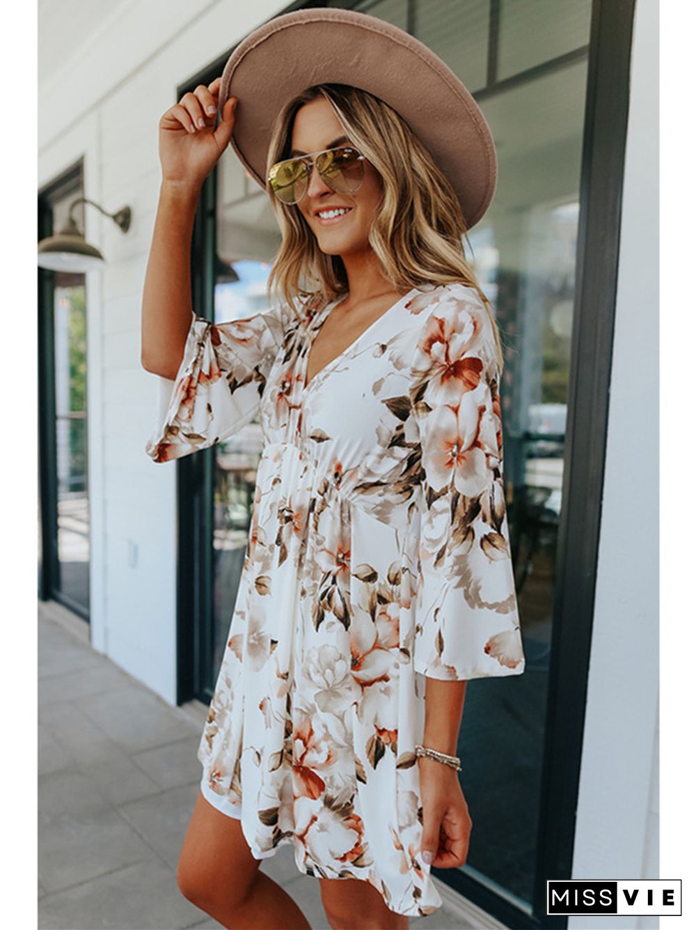 Floral Dress V-neck Pullover Knee Length Skirt