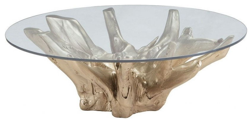 Modern Round Glass Top Coffee Table in Champagne Gold Finish Hand Crafted Teak   Rustic   Coffee Tables   by Bailey Street Home  Houzz