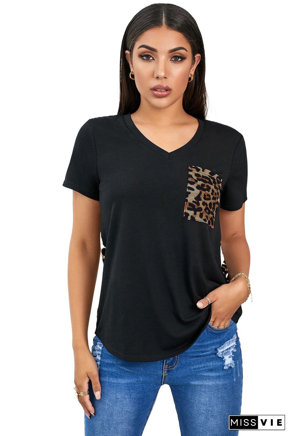 Leopard Printed Splicing T-Shirt