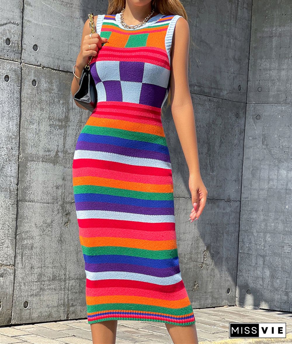 Color Matching Sleeveless Bodycon Knitted Dresses