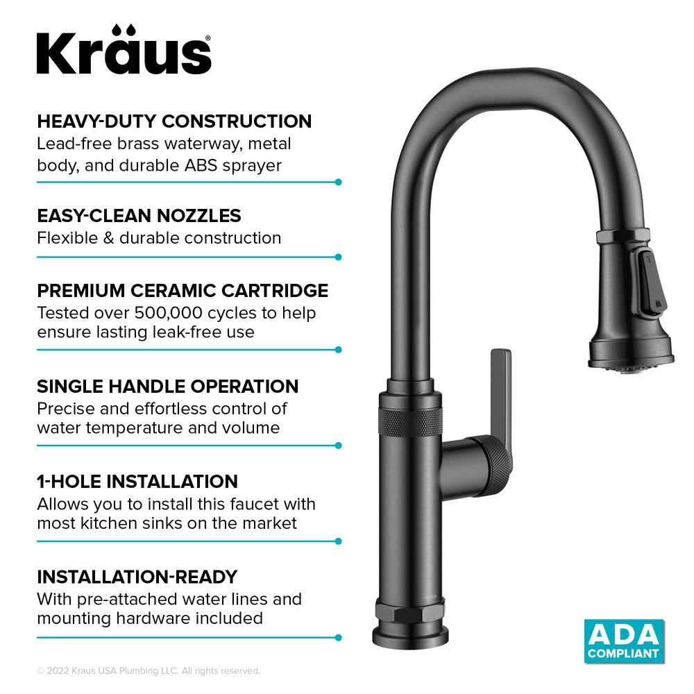 KRAUS Allyn Industrial Pull-Down Single Handle Kitchen Faucet in Spot-Free Black Stainless Steel KPF-4102SFSB