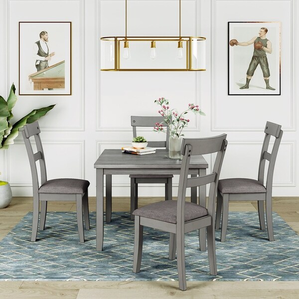 Wood 5 Piece Dining Table Set with cushions， Light Gray