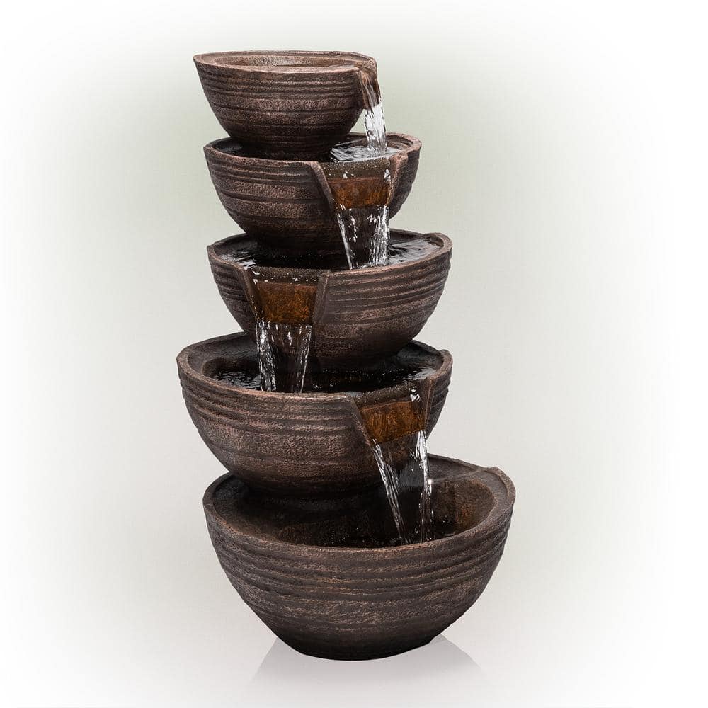 Alpine Corporation 34 in. Tall Outdoor 5-Tier Modern Bowl Cascading Waterfall Fountain with LED Lights TZL101