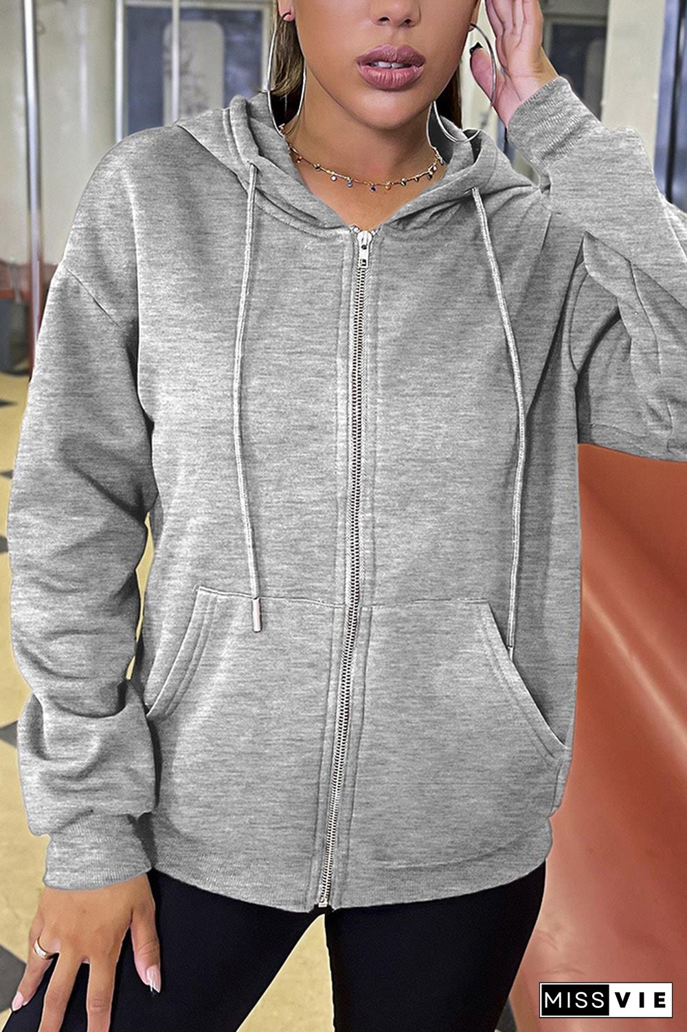 Plain Drawstring Hoodie Zipper Sweatshirt Coat