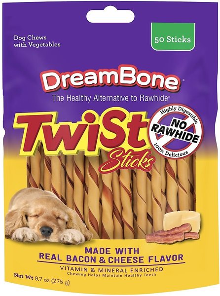 DreamBone Twist Sticks Bacon and Cheese Chews Dog Treats， 50 count