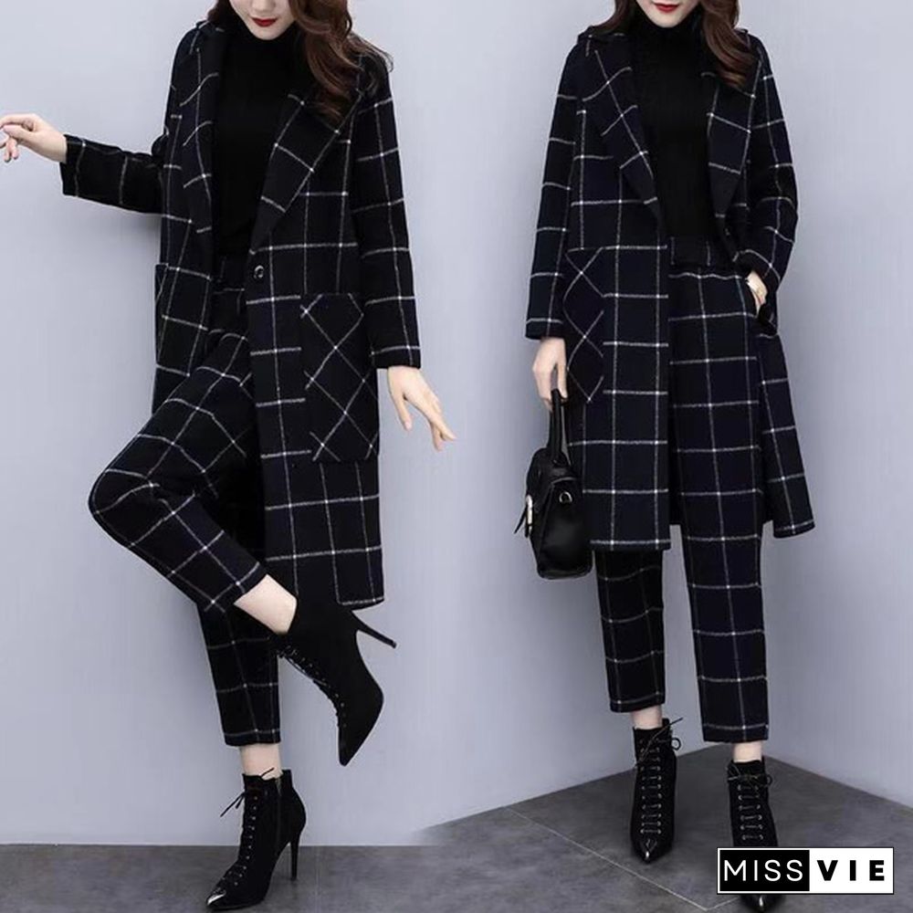 Winter Black Woolen Plaid Two Piece Sets Outfits Women Plus Size Long Coat And Pants Suits Elegant Fashion Office Sets