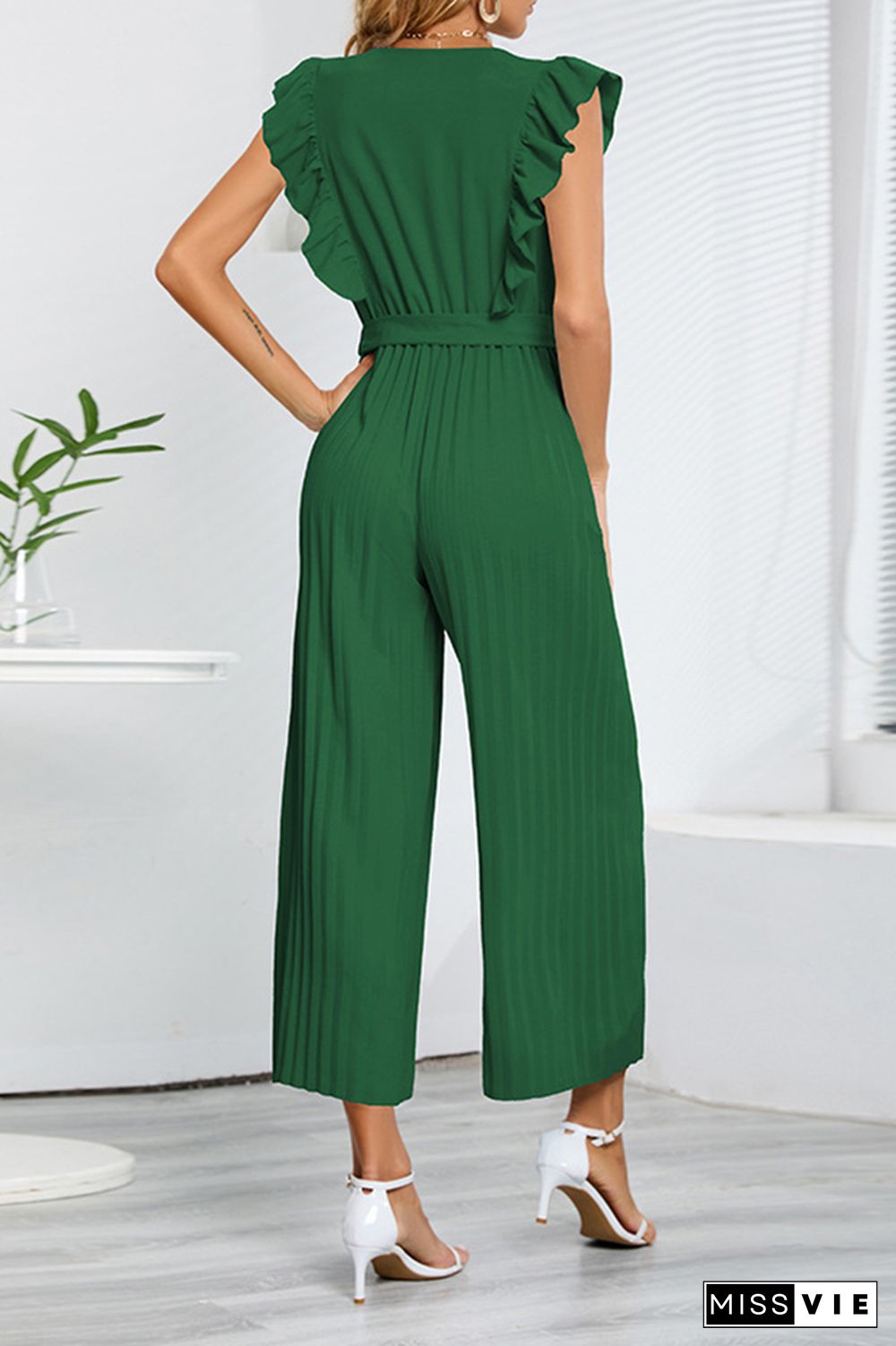 Sleeveless V Neck Ruffle Pleated Wide Leg Jumpsuit