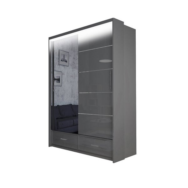 Donovan Modern Wooden Wardrobe - Armoire with Drawers and LED Lighting - - 36254979