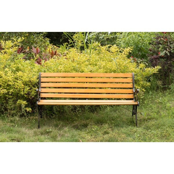 Wooden Outdoor Park Patio Garden Yard Bench Steel Armrest Legs