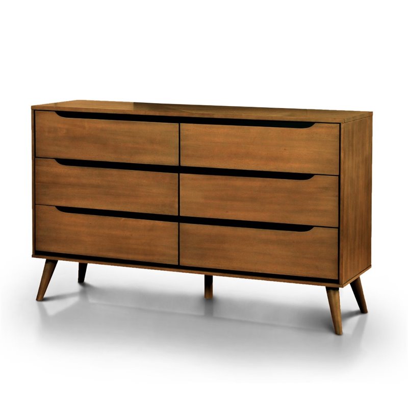 Furniture of America Belkor Mid-Century Modern Wood 6-Drawer Dresser in Oak