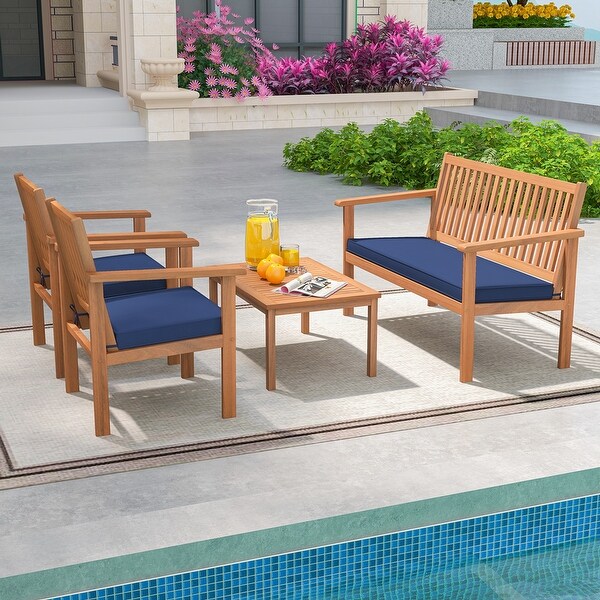 4 PCS Patio Wood Furniture Set Outdoor Wood Sofa Set w/Cushions