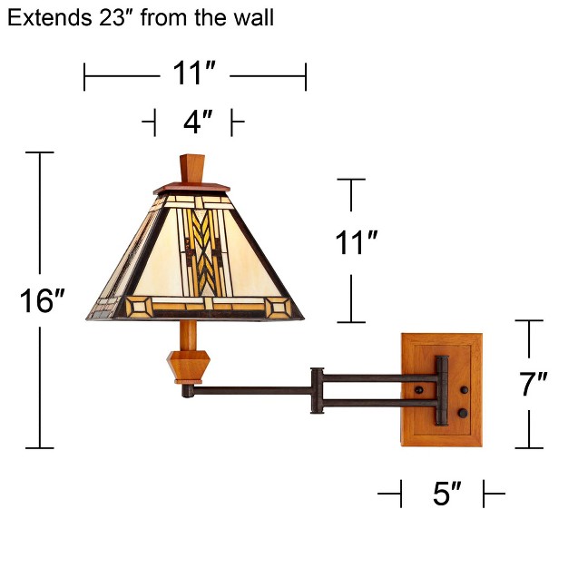 Robert Louis  Rustic Swing Arm Wall Lamp Walnut Wood Bronze Plug in Light Fixture Adjustable Stained Glass Shade For Bedroom Bedside Reading