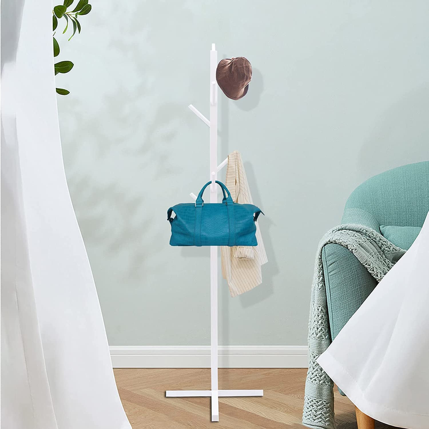 Miumaeov Wooden Coat Rack Stand， Free Standing Tree Hanger， Standing Coat Rack with 8 Hooks， Hallway Entryway Clothes Hanger for Suits， Hats， White