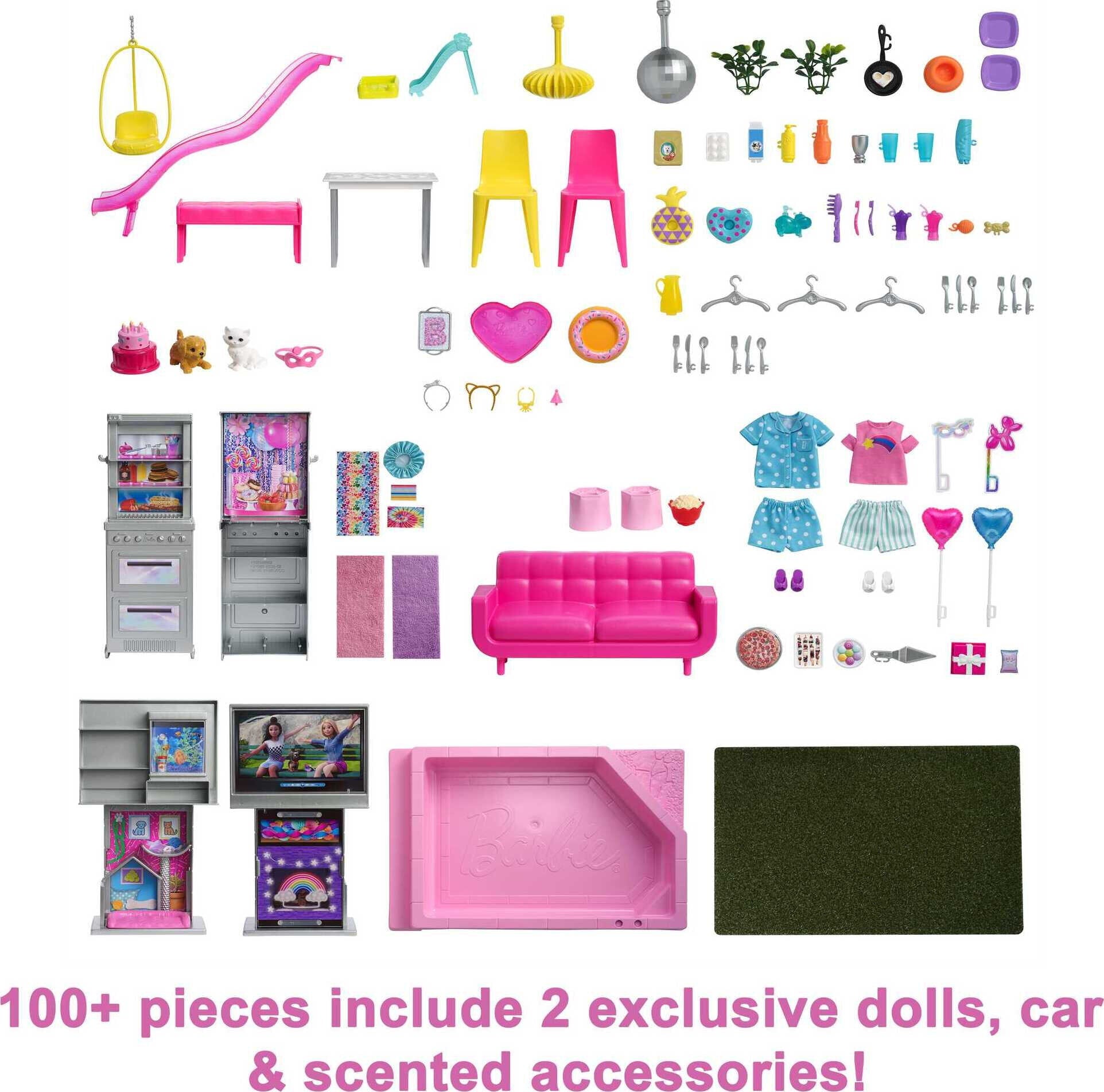 Barbie Deluxe Special Edition 60th DreamHouse Dollhouse Playset with 2 Dolls， Car and 100+ Pieces