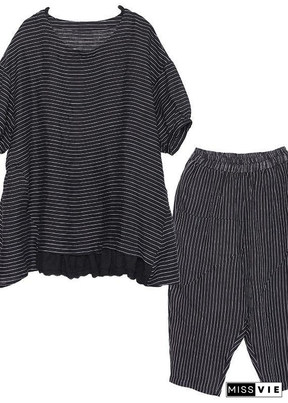 summer casual two pieces black striped patchwork tops and elastic waist women pants