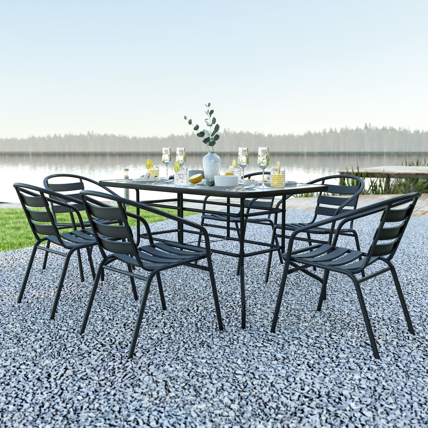 Emma and Oliver 7 Piece Patio Table and Chairs Set with 31.5x55 Rectangular Metal Table with Tempered Glass Top and 6 Black Aluminum Stacking Chairs