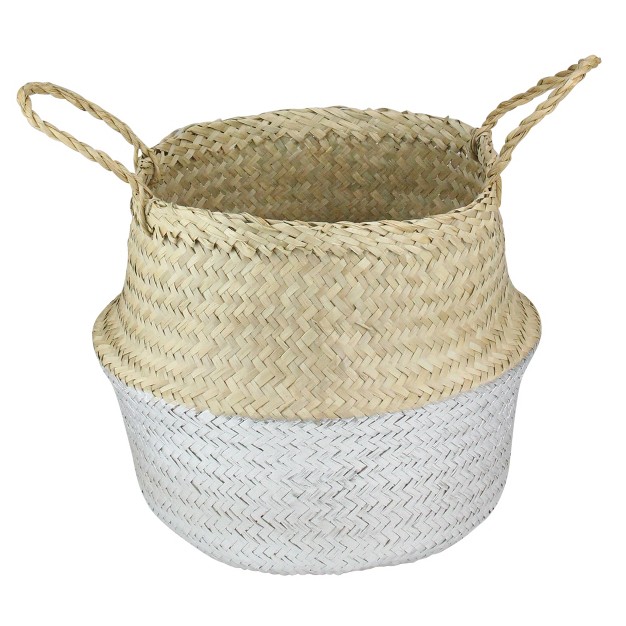 Beige And Silver Seagrass Belly Wicker Basket With Handles