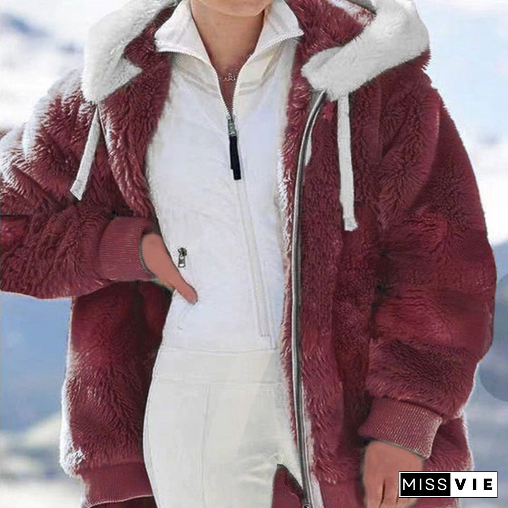 Women Winter Jacket Oversized Fashion Casual Stitching Clothes Hooded Zipper Ladies Lamb Hair Coat  Plus Size XS-5XL