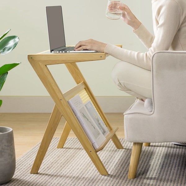 Bamboo Glass-top End Table with Rattan-like Magazine Rack