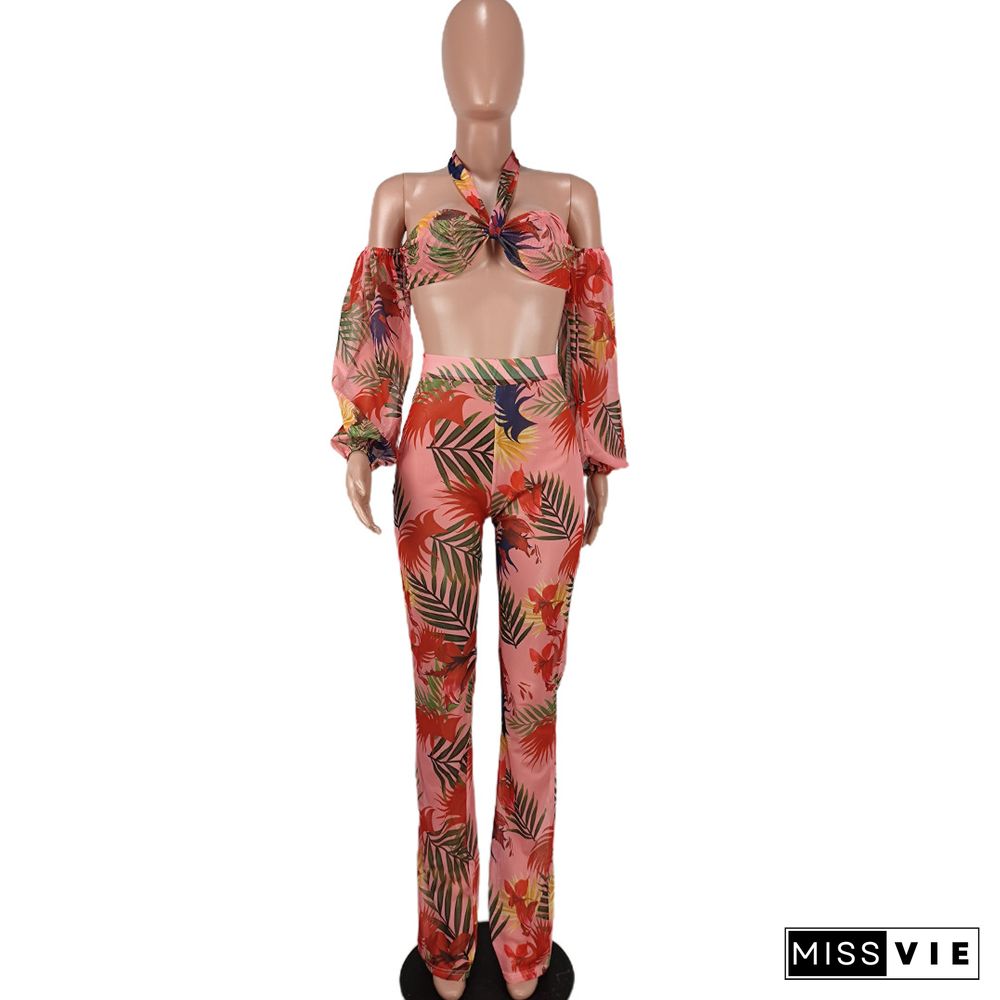 Mesh Sheer Print Halter Crop Top and Pants Set