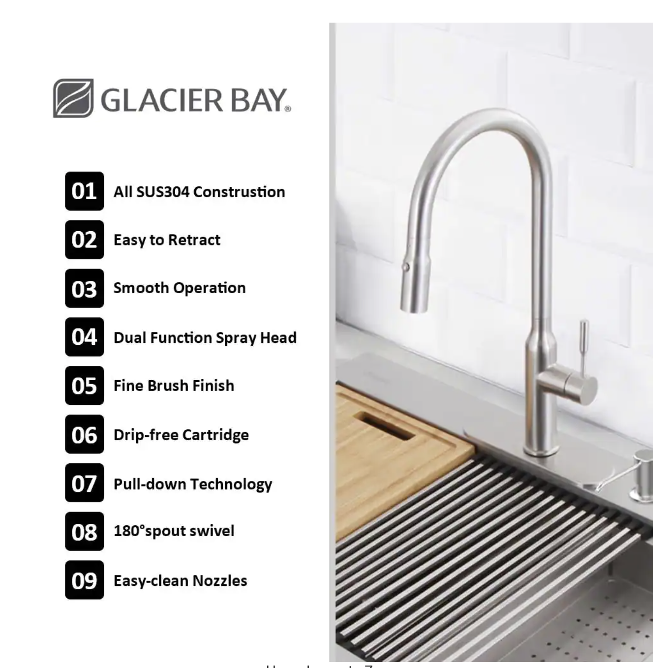 Glacier Bay All-in-One Zero Radius Drop-in 18G Stainless Steel 27 in. 2-Hole Single Bowl Workstation Kitchen Sink， Pull-Down Faucet