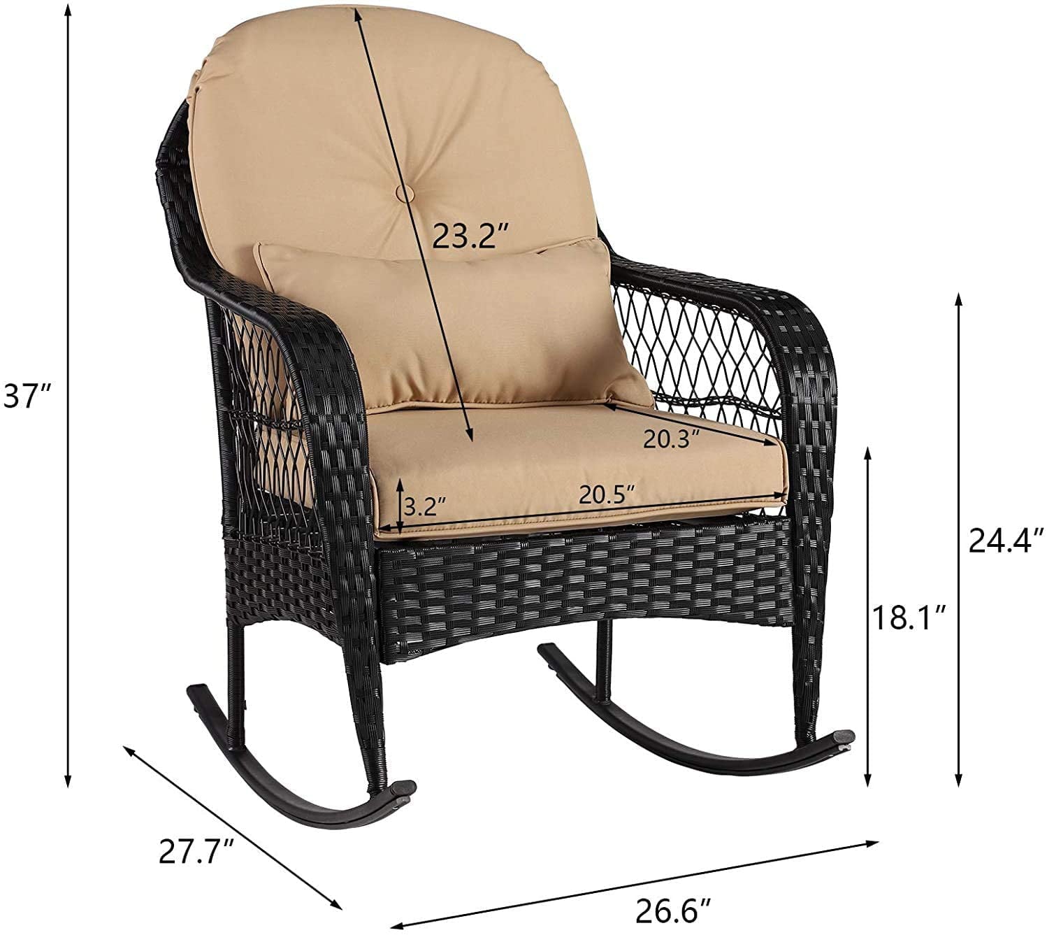 LVUYOYO Outdoor Wicker Rocking Chair All Weather w/ Cushions Garden Patio Yard Porch Lawn Balcony Backyard, Beige, khaki