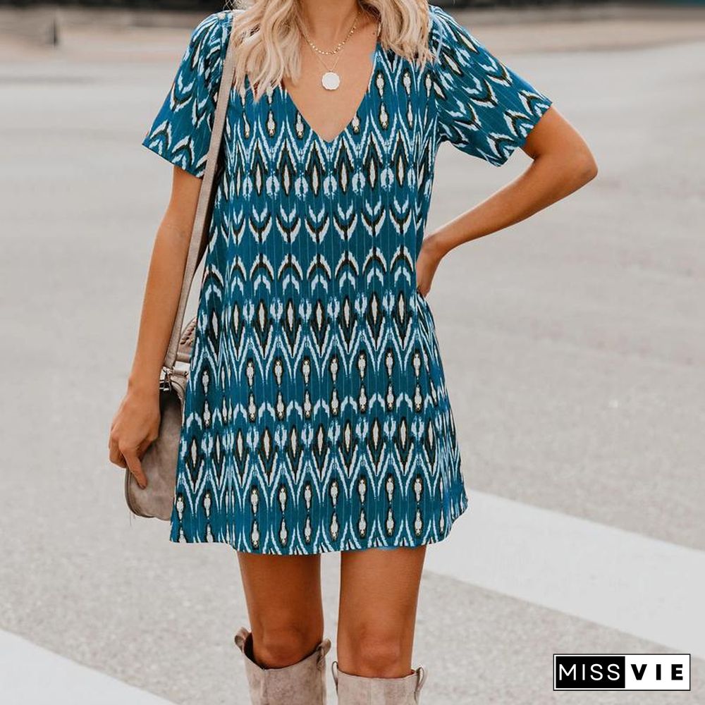 V-Neck Short Sleeve Printed Dress