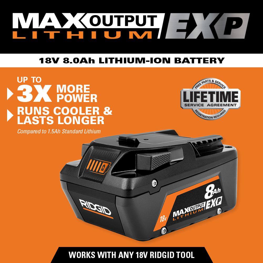 RIDGID 18V 8.0 Ah MAX Output EXP Lithium-Ion Battery with 6.0 Ah 4.0 Ah and 2.0 Ah MAX Output Batteries AC840080-AC840060-AC840040-AC840020