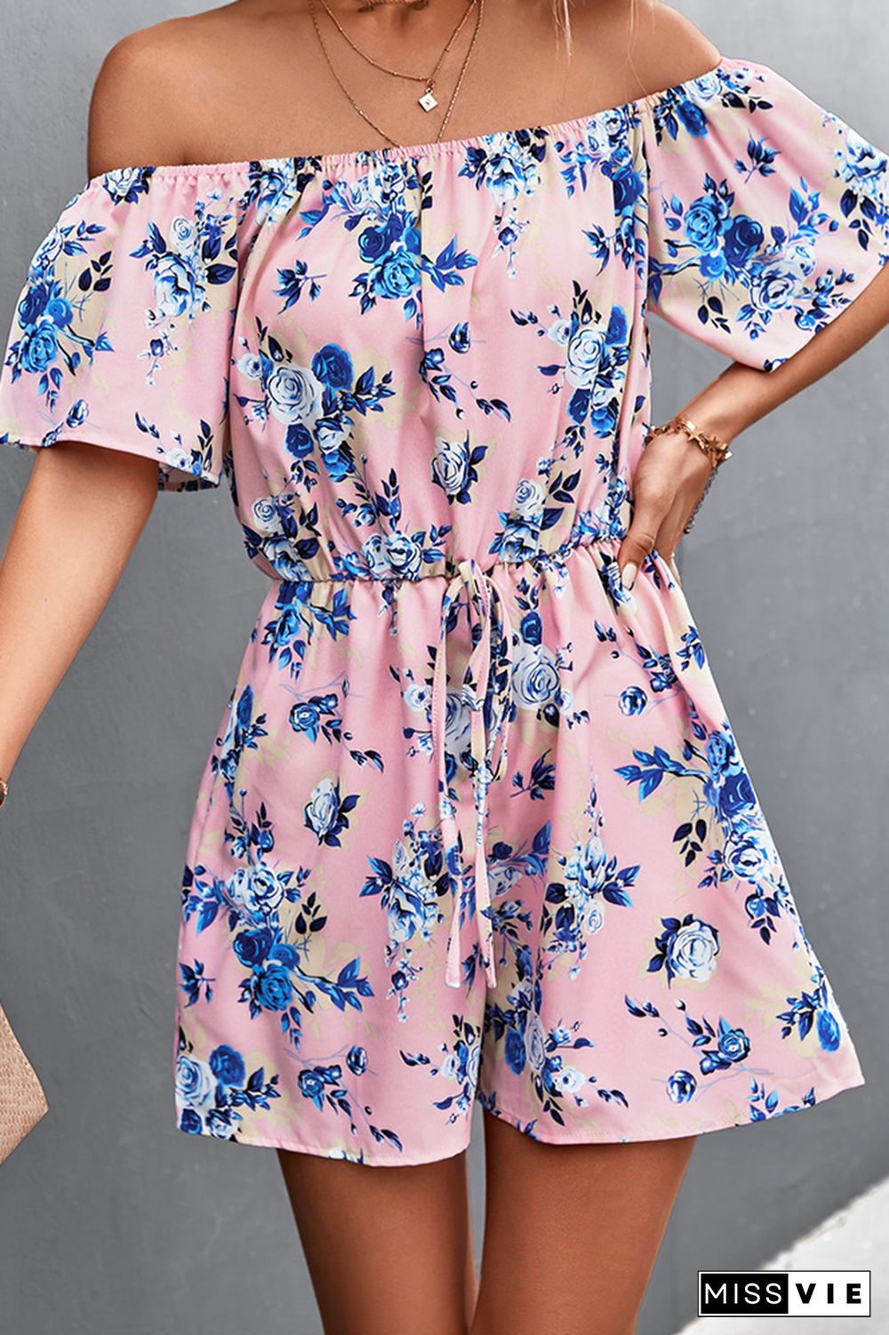 Floral Print Off Shoulder Shorts Jumpsuit Wholesale