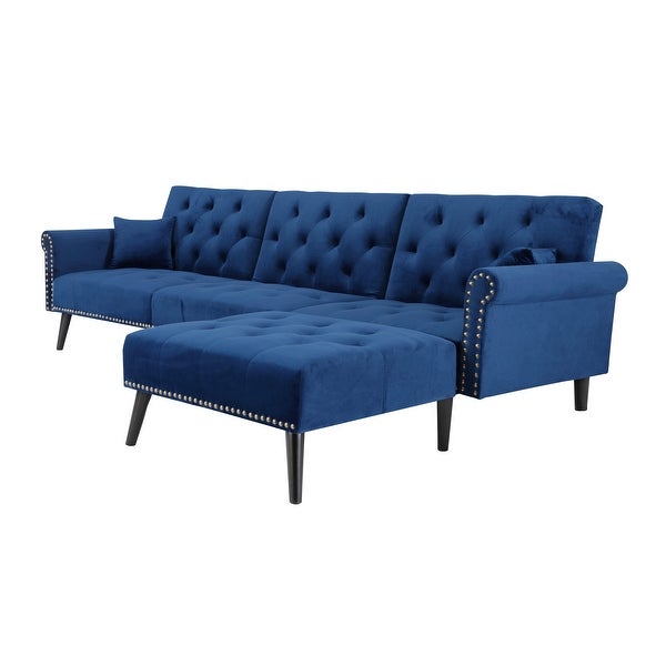 3 Seating Couches Reversible Sectional Sofa Sleeper Blue Velvet Upholstered Chaise