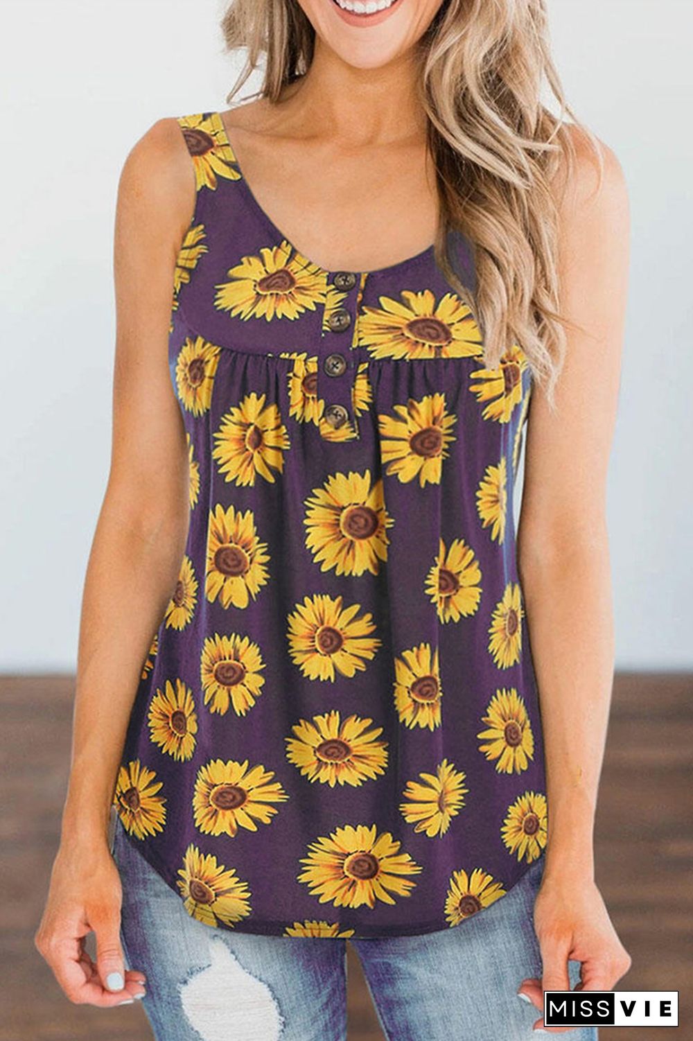 Purple Sunflower Printed Loose Vest Tank Top