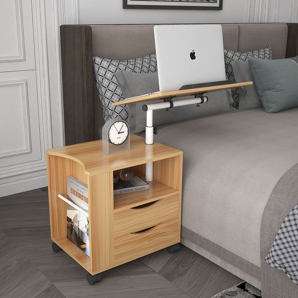 Height Adjustable Overbed End Table Wooden Nightstand with Swivel Top Storage Drawers Wheels and Open Shelf